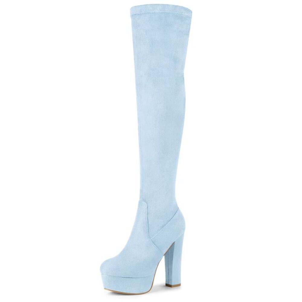 Platform Block Heel Over Knee High Boots Sky Blue